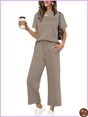 Two Piece Lounge Set Short Sleeve Wide Leg Pants Women's Vacation Travel Outfit